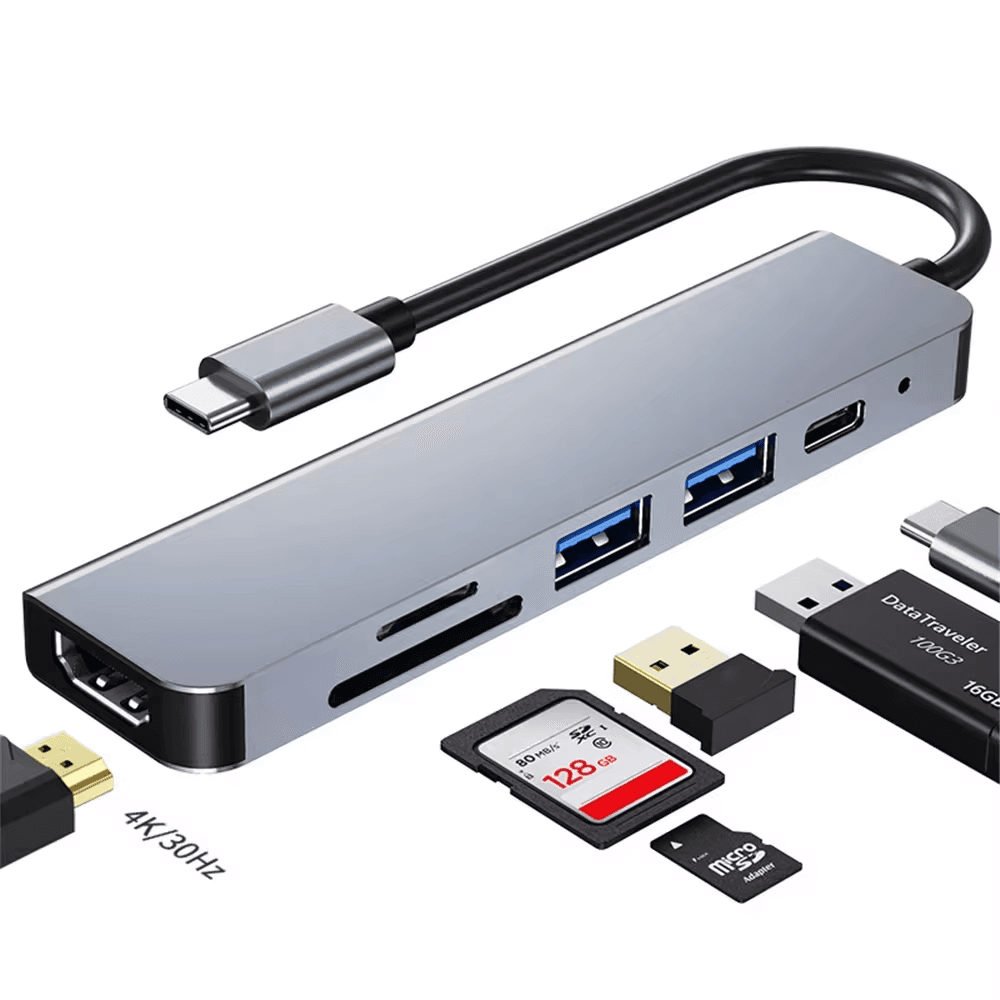 محوّل USB-C 6 في 1 — HDMI وSD/TF وUSB 2.0 وشحن USB-C