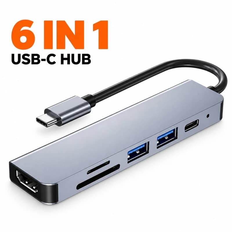 محوّل USB-C 6 في 1 — HDMI وSD/TF وUSB 2.0 وشحن USB-C