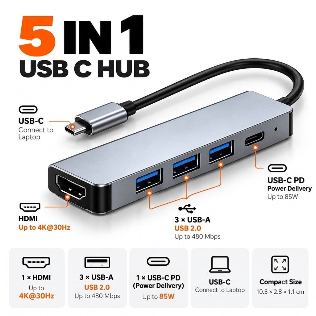 محوّل USB-C 5 في 1 — HDMI وUSB وشحن